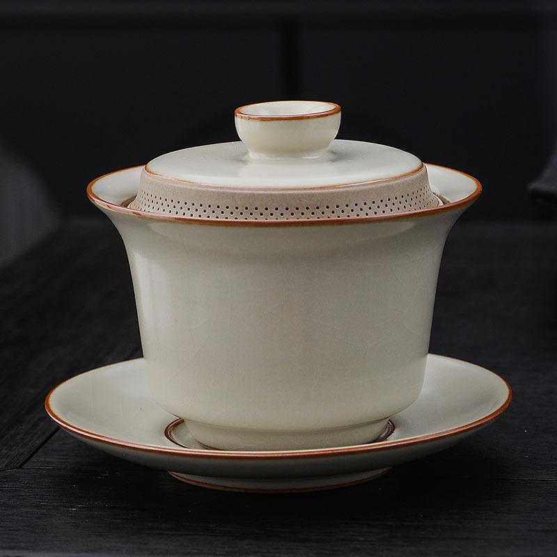 Ru Kiln Celadon Gaiwan with Built-in Filter Heat Resistant Ceramic Teapot for Gongfu Tea Ceremony Home Brewing Handmade Gift