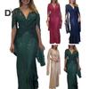 Kvinner aftenkjole Delte ermer Dyp V-hals Skinnende paljett Slim Fit Tight midjeknute Plissert Full lengde Ensfarget Lady Ball Bankett Maxikjole