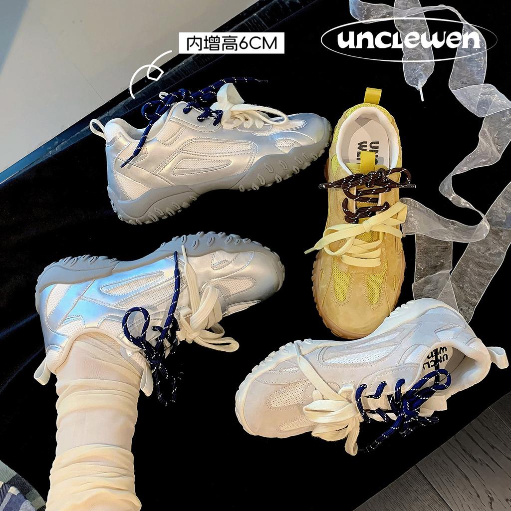 Cowhide~ inner height increase 6cm German training shoes women's platform versatile casual sports shoes leather breathable pair of shoelaces dad shoes