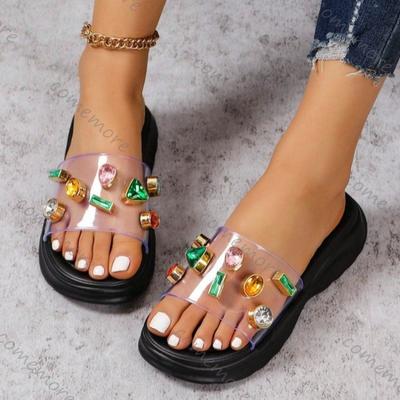 Fashion Comemore Platform Slippers Summer New Round Head Open Toe Crystal Buckle Pvc Transparent Strap Indoor Flat Bottom Slides Shoes