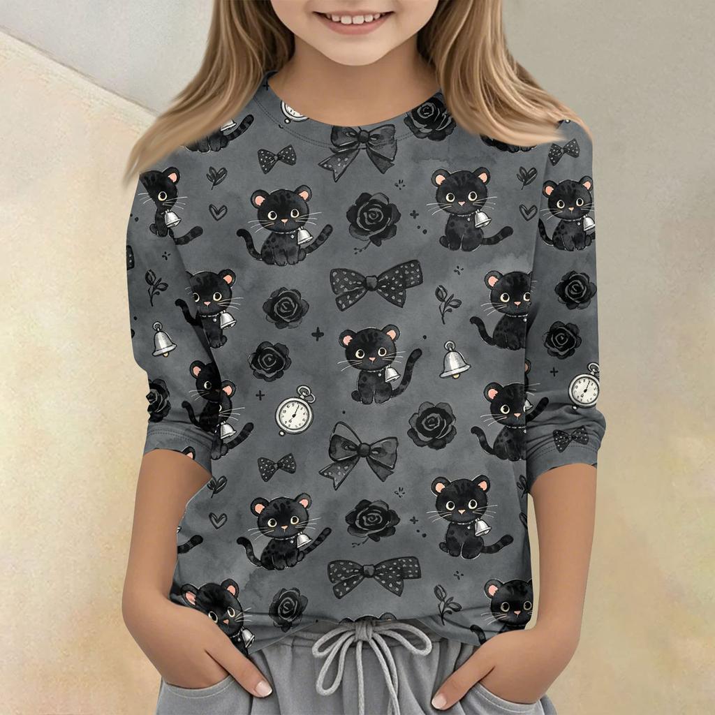 Kids Animal Print Crew Neck Three Quarter Sleeve Casual T Shirt Soft Fabric Comfortable Fit Lightweight Design for Everyday Wear