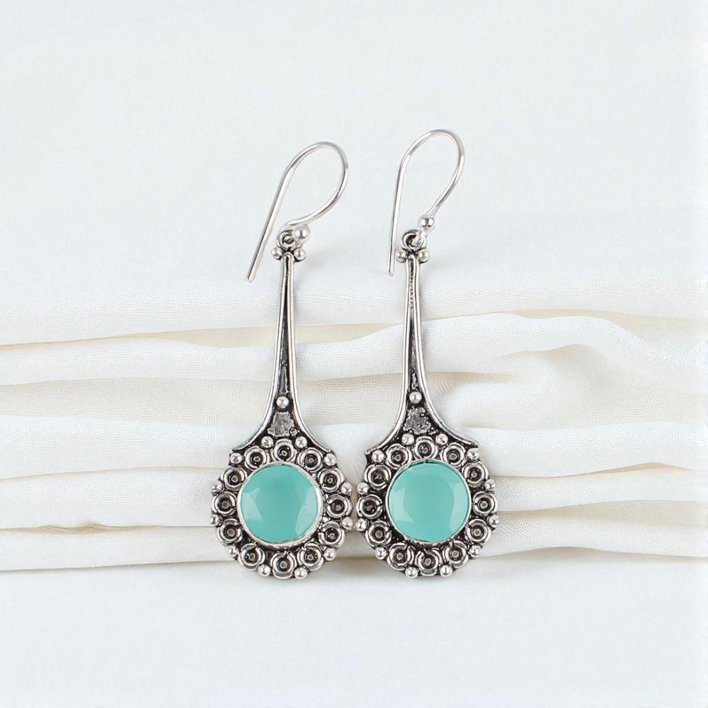 Aqua Chalcedony Gemstone 925 Sterling Silver Jewelry Handmade Earrings 2.52" EE-77-16