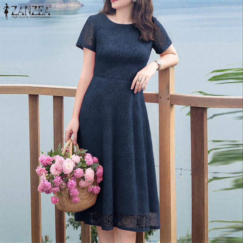ZANZEA Damen Lässig Rundhals Kurzarm Sommer Patchwork Spitzenkleid
