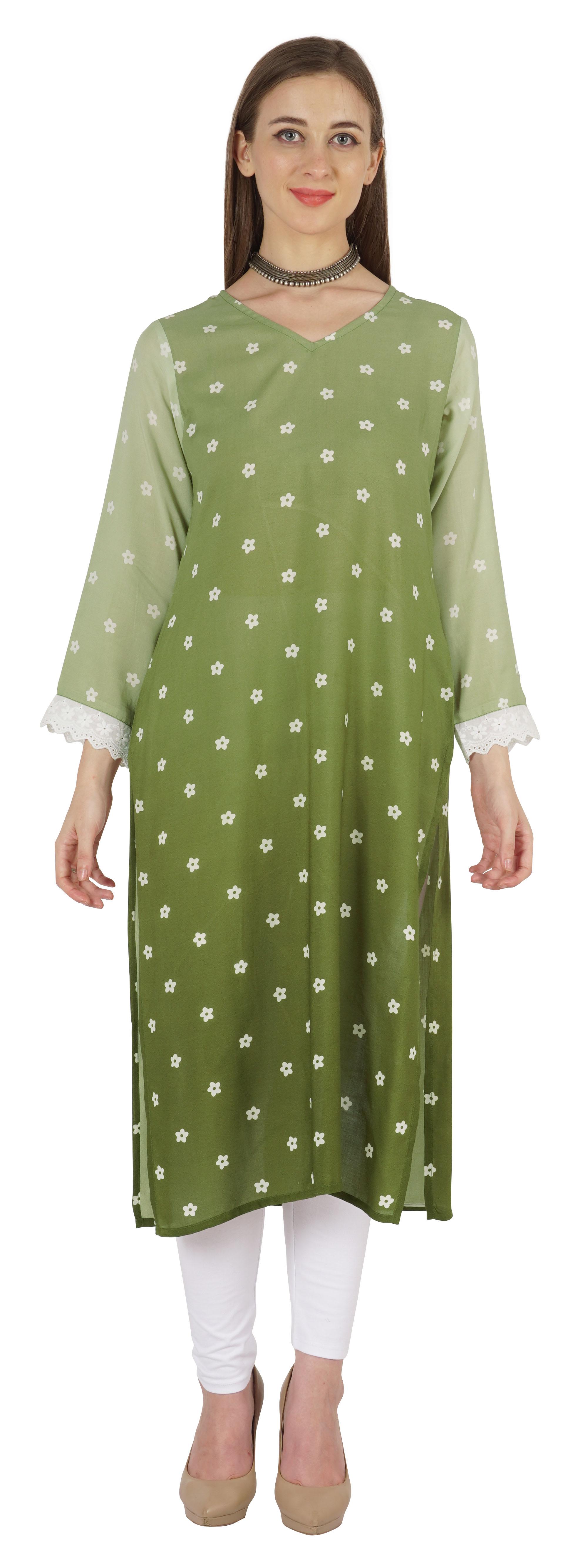 

Bimba Printed Designer Kurta For Womens Straight Kurti V-Neck Ethnic Traditional Wear - Cotton XS зелений