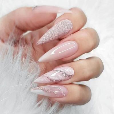 24 Pcs Long Pointed Coffin Press On Nails Pink Smudged Glitter Reusable Full Cover False Nail Art Tips