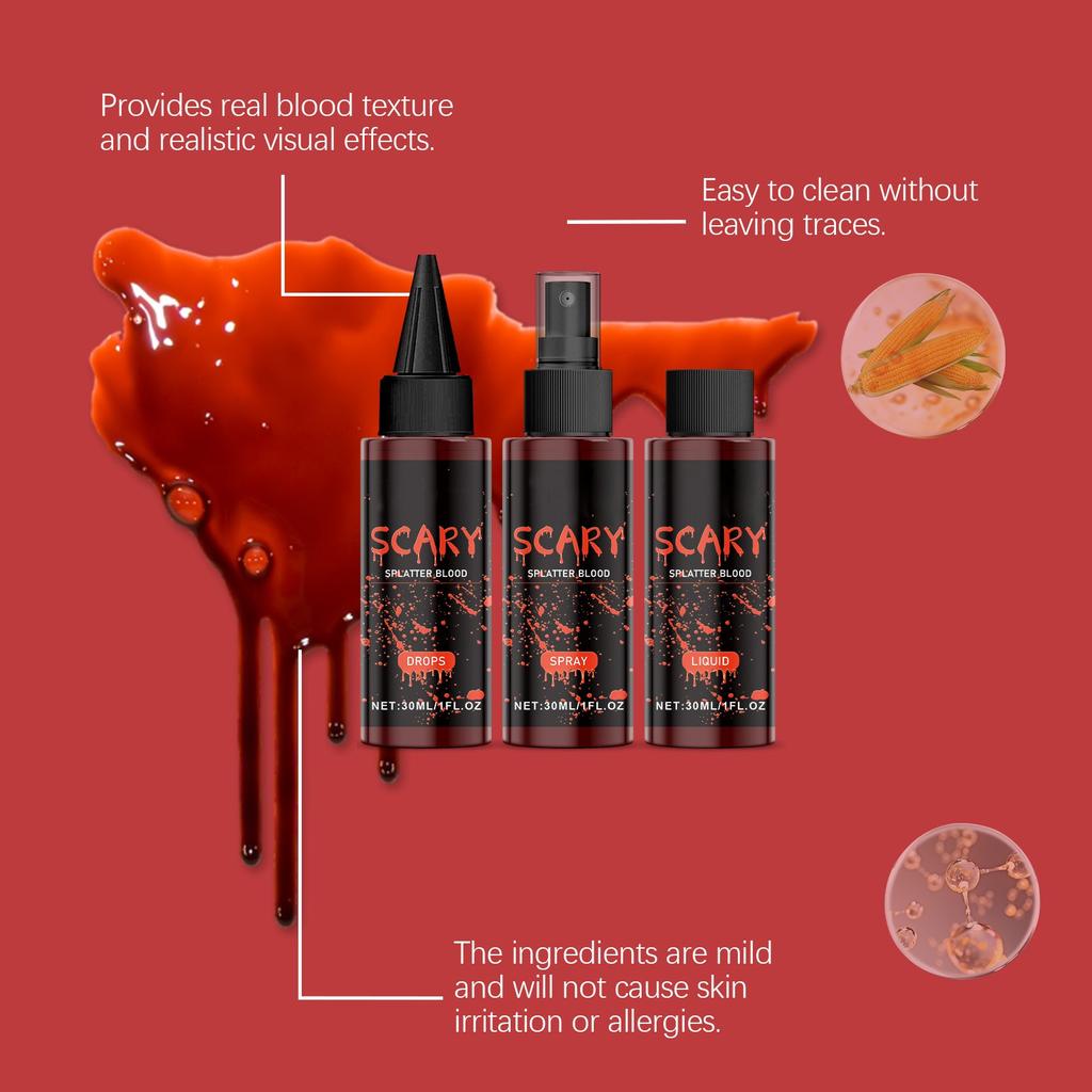 Fake Blood Makeup Kit-Coagulated Blood 30ml+Fake Blood Spray 30ml+Dripping Blood 30ml, Realistic Washable Special Effects SFX Makeup Set
