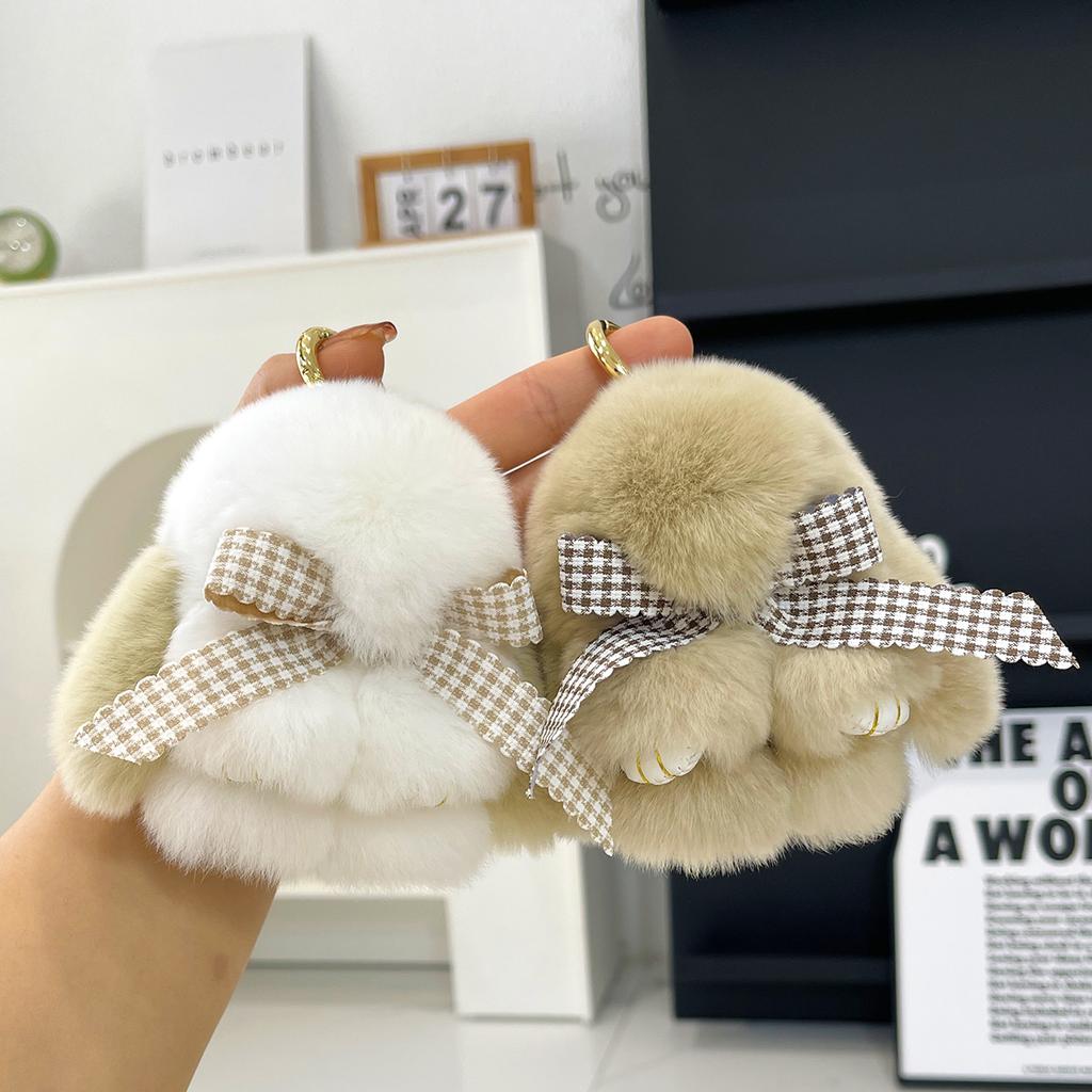 Real Rex Rabbit Hair Bowknot Little Rabbit Car Key Chain Pendant Cute Plush Drop Ear Rabbit Doll Bag Pendant