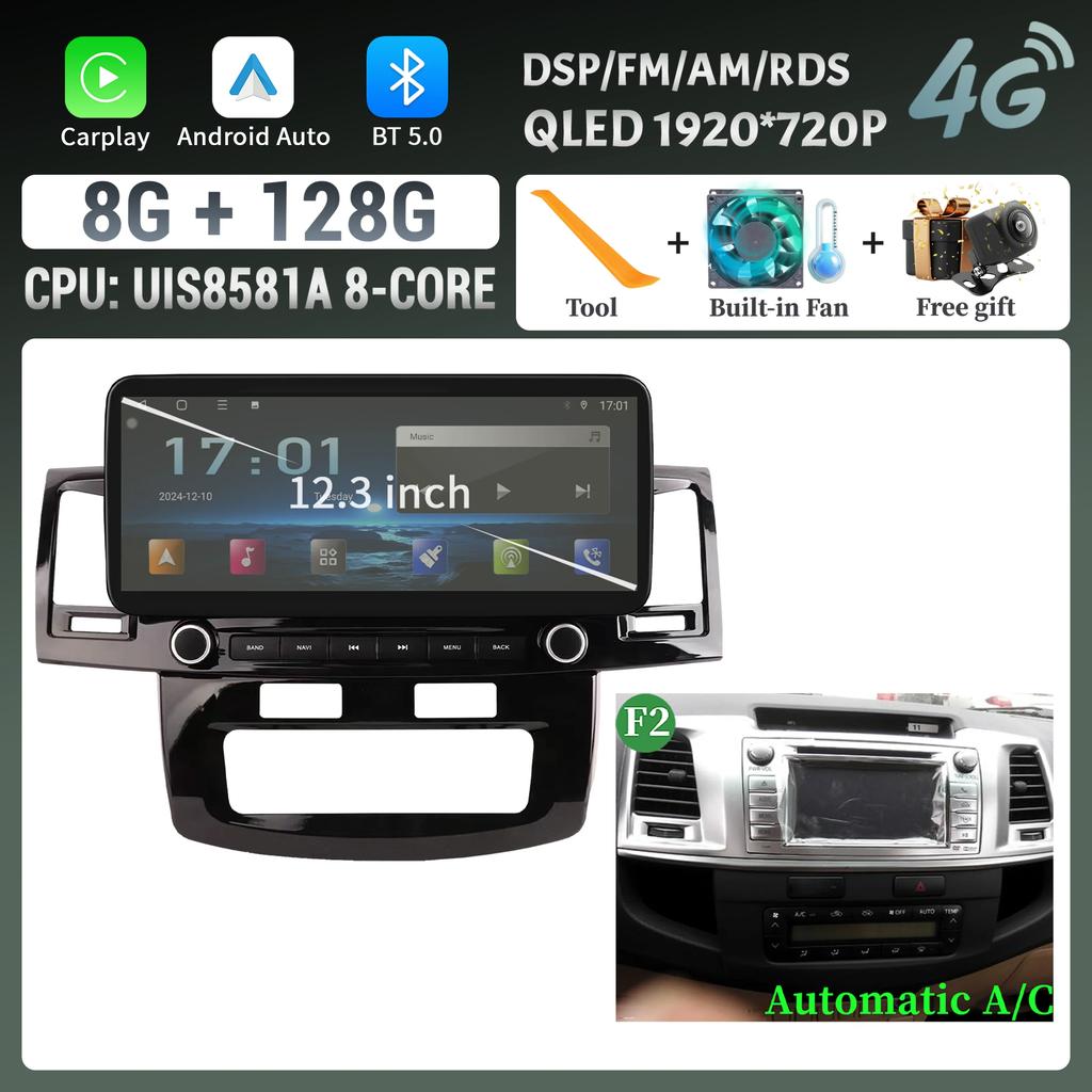 12.3″Car Radio Multimedia 4G GPS For Toyota Hilux 2005-2014 Android 14 Navigation Wireless Carplay Bluetooth Touch Screen