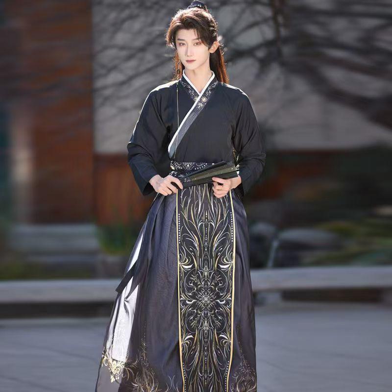 Men's Original Dark Hanfu Robe - Ancient Chinese Style Costume for Wuxia & Xianxia Cosplay, Cross-Collared Design for Film and TV.