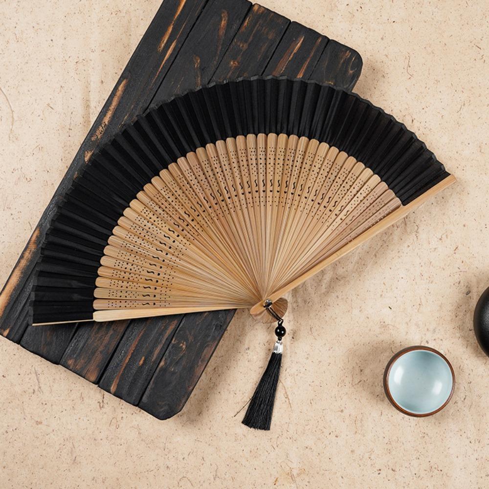 Decorative Fan Carved Handle Bamboo Folding Fan with Tassel Handhold Chinese Fan Vintage Dance Fan Photo Props