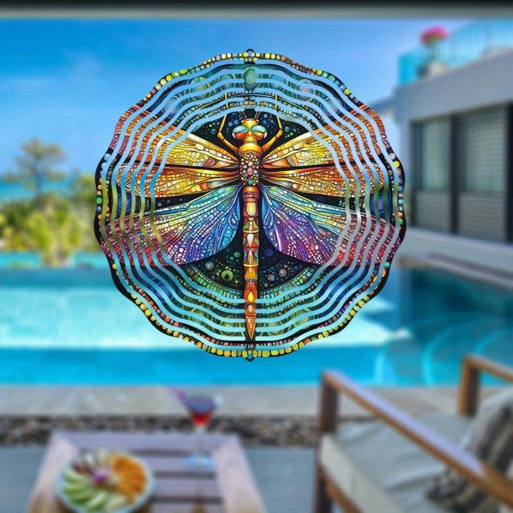 Hanging Wind Chime with Colorful Dragonfly Pattern 2D Kinetic Metal Art for Outdoor Courtyard Balcony Garden Decor