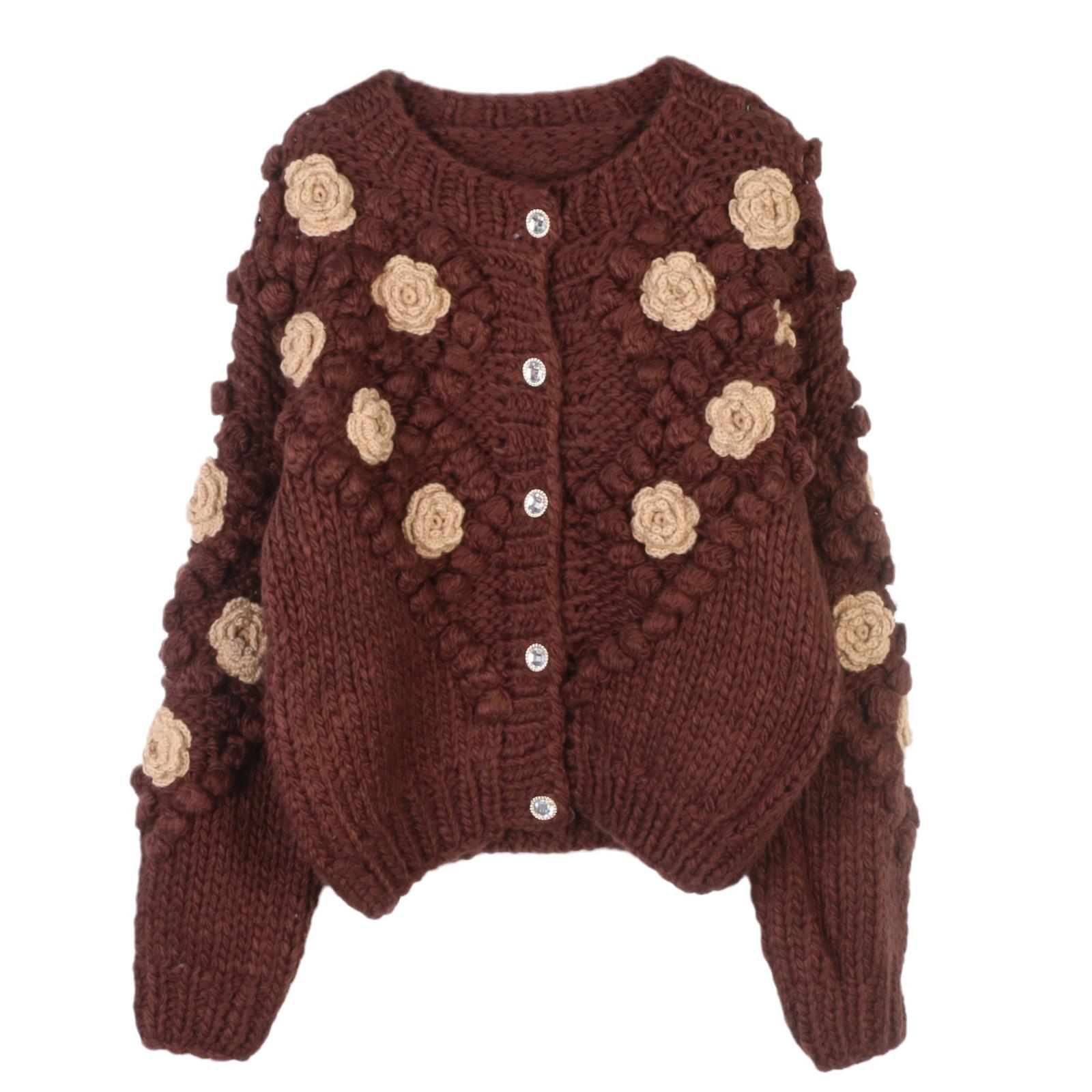 

Французский кардиган крупной вязки в стиле «ленивый шик» с 3D цветочным крючком - Омолаживающее осенне-зимнее пальто-свитер Large