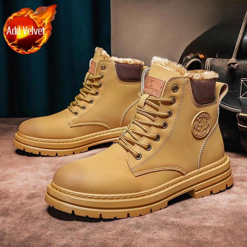 2026 Trendy Men's Lace Up High Top Fleece Lined Cotton Workwear Boots Spring Autumn Outdoor Motorcycle UK Style Short Boots