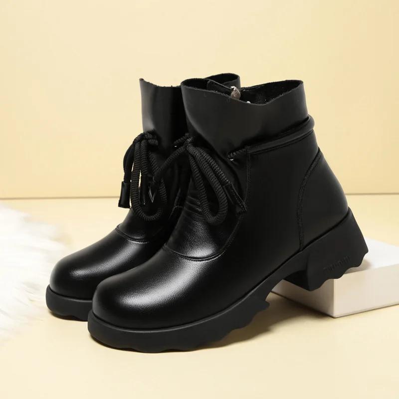 4cm British Style Soft Leather Shoes Women's Snow Boots Platform Winter 2025 Square Heels Warm Fur Ankle Boots for Office Mom
