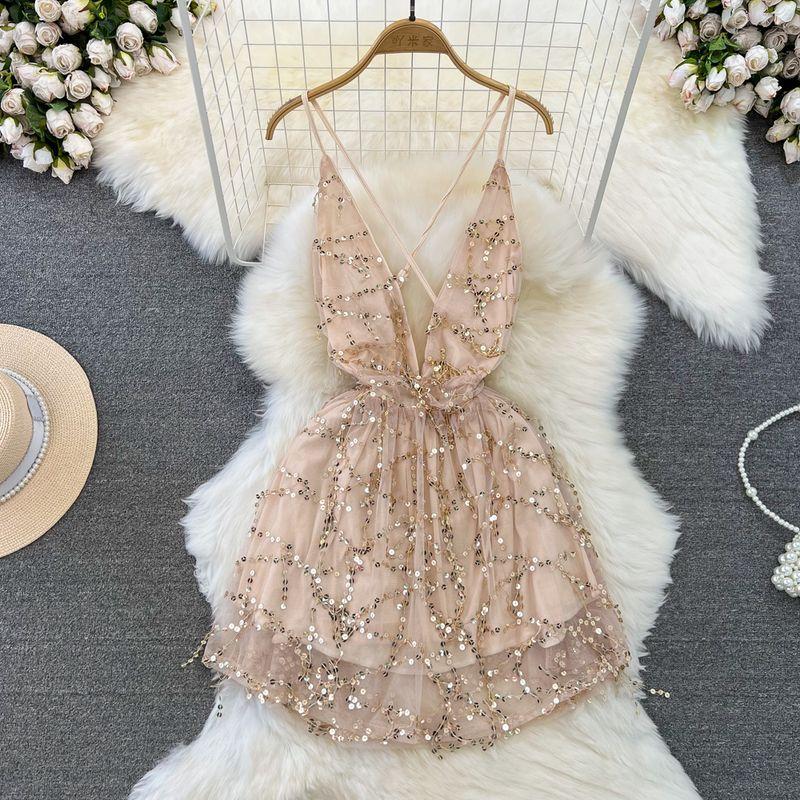 

Модное сексуальное платье с глубоким V-образным вырезом, пайетками на спине, с завышенной талией, стройнящее, без рукавов, маленькое А-силуэта, из пайеточной сетки, летнее Champagne color XL