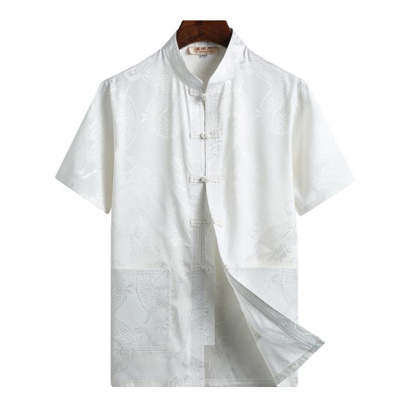 Silk Satin Dragon Tang Suit: Short-Sleeve Hanfu Shirt for Middle-Aged & Elderly Men, Lay Buddhist Attire with Frog Buttons