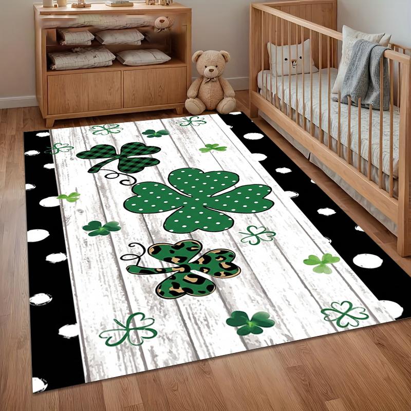 Playful Shamrock Pattern Area Rug Clover with Leopard Plaid Accents White Wood Background Floor Mat for Entryway Home Decor