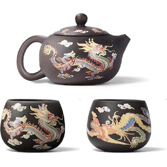 Hand-made Dragon and Phoenix Color-changing Purple Clay Teapot Zisha Tea Set Kettle Kung Fu Tea Pot Tea Lover‘s Gift (Teapot+2* Teacups)