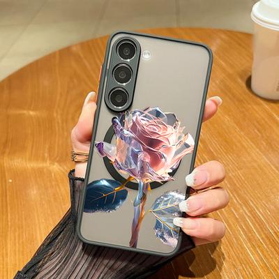 Crystal Rose Floral Print Matte Magnethülle für Samsung S24 FE S23 S22 Ultra S21 A55 A15 A54 A35 A34 Klare stoßfeste Hülle für MagSafe Slim Phone Cover