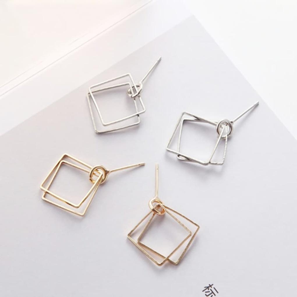 Earrings, Chain, Simple, Double Square, Point, Vintage