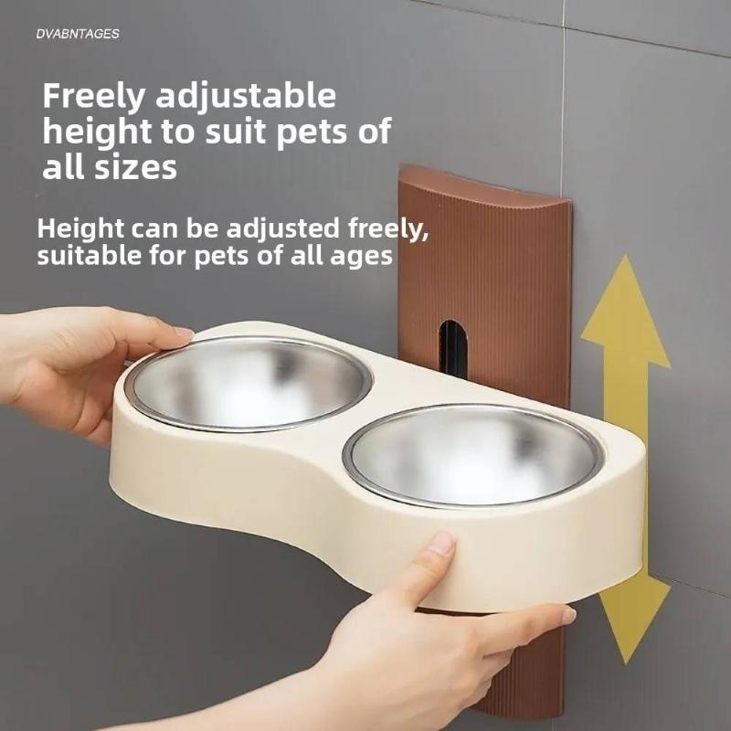 Wall Mounted Cats Watering Bowl Space Saving Height Adjustable Dog Eatting Bowl Double Bowl Neck Protection Pet Feeding Bowl