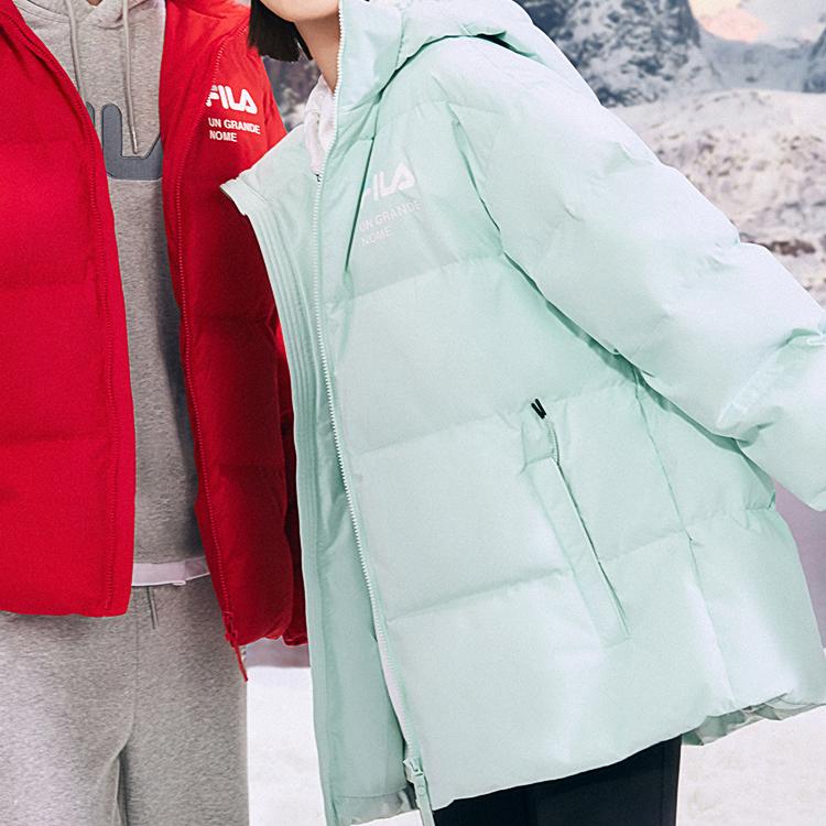 FILA Letter Logo Zip-Up Hooded Down Jacket Unisex Outerwear Nile-Green F51U349902A-LG