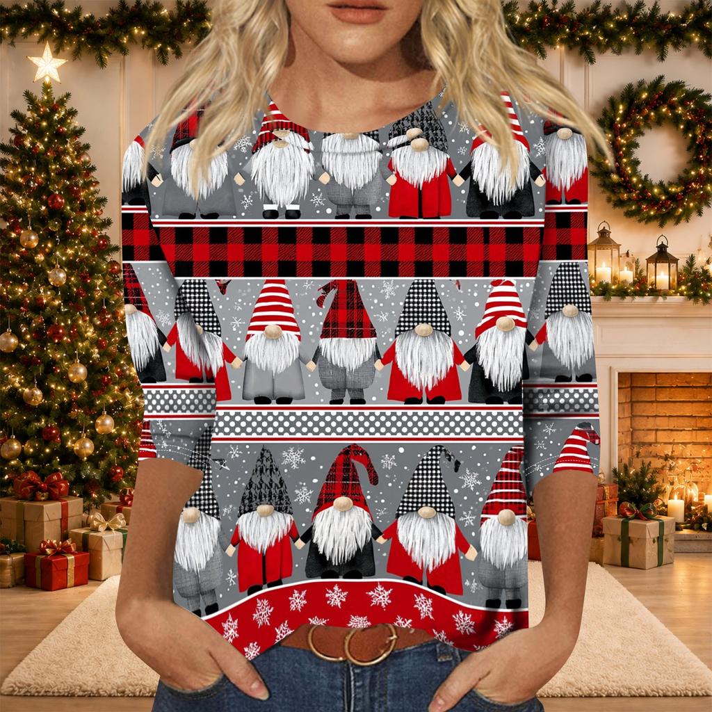 Women's Casual 3/4 Sleeve Neck Christmas Print Top with Festive Holiday Design