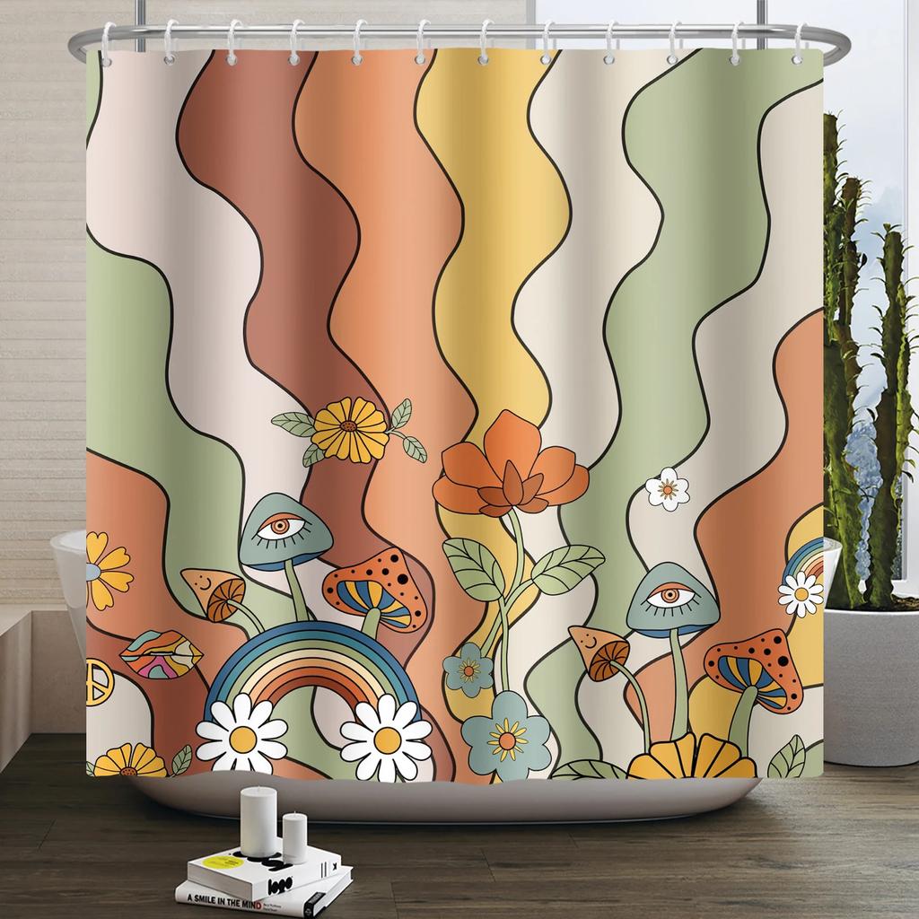 70s Retro Rainbow Shower Curtain Hippy Funky Cartoon Mushroom Floral Bathroom Curtain Polyester Waterproof Fabric Bathtub Screen