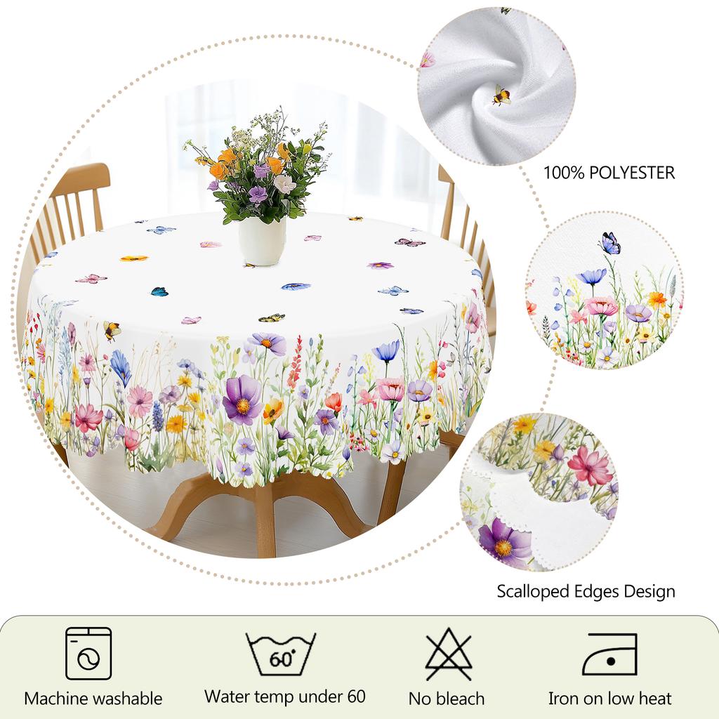 1 Piece Of Spring And Summer Floral Round And Rectangular Tablecloths, Available In Various Sizes, Floral And Butterfly Print Pattern Design, French R