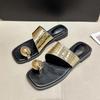 Fashion Metal Decoration Flat Slides Unique Designer Luxury Women's Slippers and Ladies Sandals On Promotion Korea Style Original Shoes