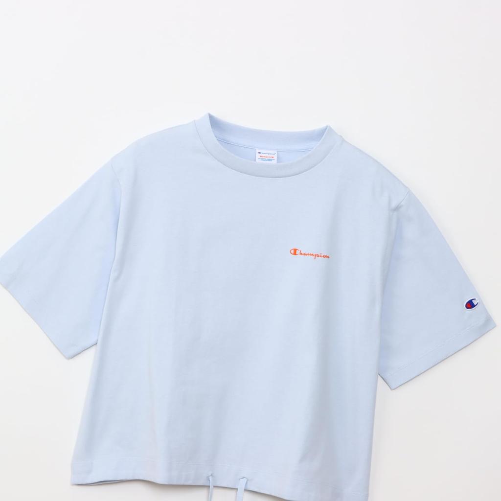 Champion Short Sleeve Crew Neck Cotton USA Relax Script Garment Pale Sax Women's Shirt, 100% Fit, Logo, Wash, (CW-B322)