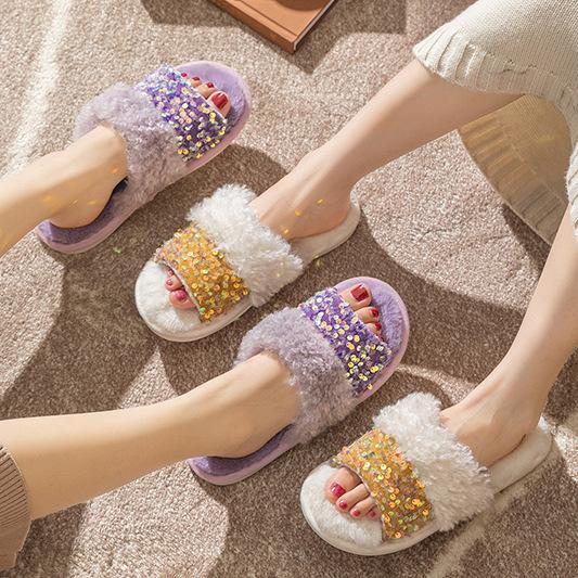 New ins sequined cotton slippers fashion plush slippers home indoor fluffy slippers