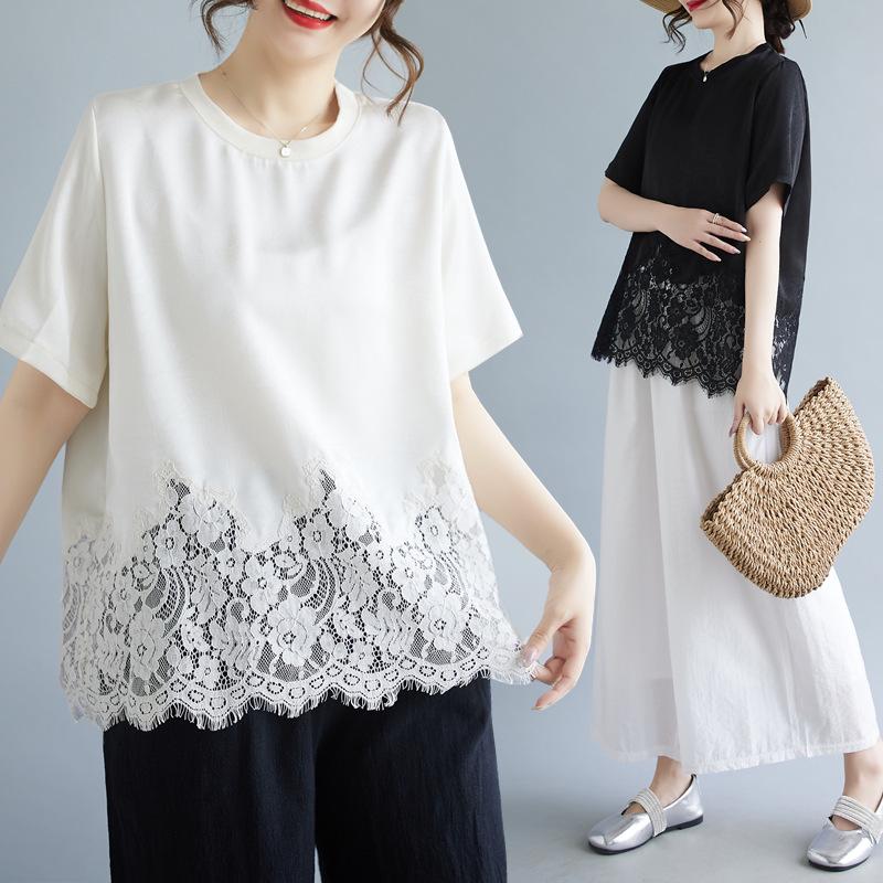 2026 Summer Plus Size Lace Patchwork Top - Japanese Korean Style