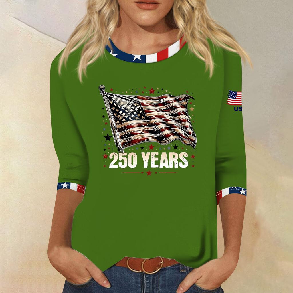 Women's Fashion Casual Seven-Sleeve Independence Day Print Round Neck Top