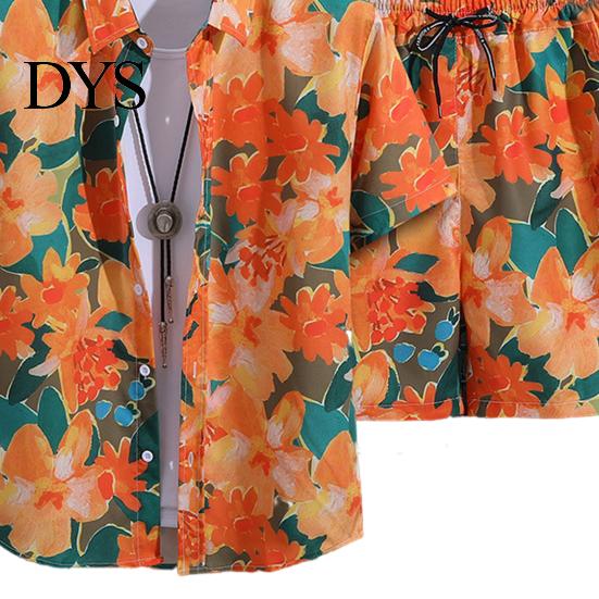 Printed Men Shirt Shorts Set 2Pcs/Set Beach Outfit Lapel Short Sleeve Single Breasted Elastic Drawstring Waist Wide Leg Hawaiian Print Casual