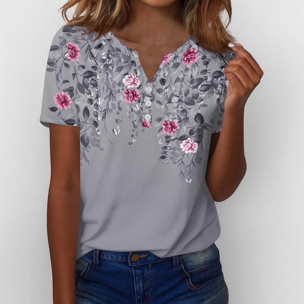 Sommartoppar för kvinnor Knäppbara blusar för kvinnor Snygga vardagliga V-ringade T-shirts
