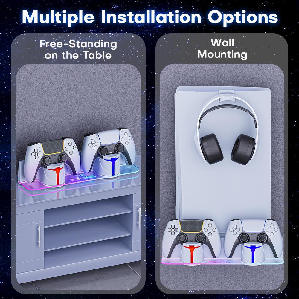 TUODES Wall Mount With Controller Charging Dock RGB Color Stable Metal Stand Charge Station For PS5 / PS5 Pro / Ps5 Slim