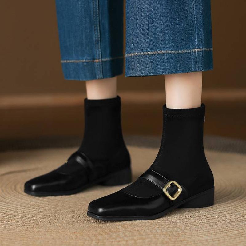 New low-heeled suede elastic medium boots non-slip rubber sole square-heeled large-size women's boots autumn and winter square-head Martin boots
