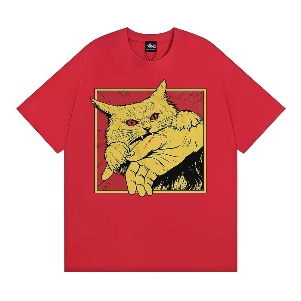 Angry Cat Biting Hand Funny Meme Tee Shirt Fashion Vintage Oversized T Shirts Men Women Summer Tops Cotton T-shirts