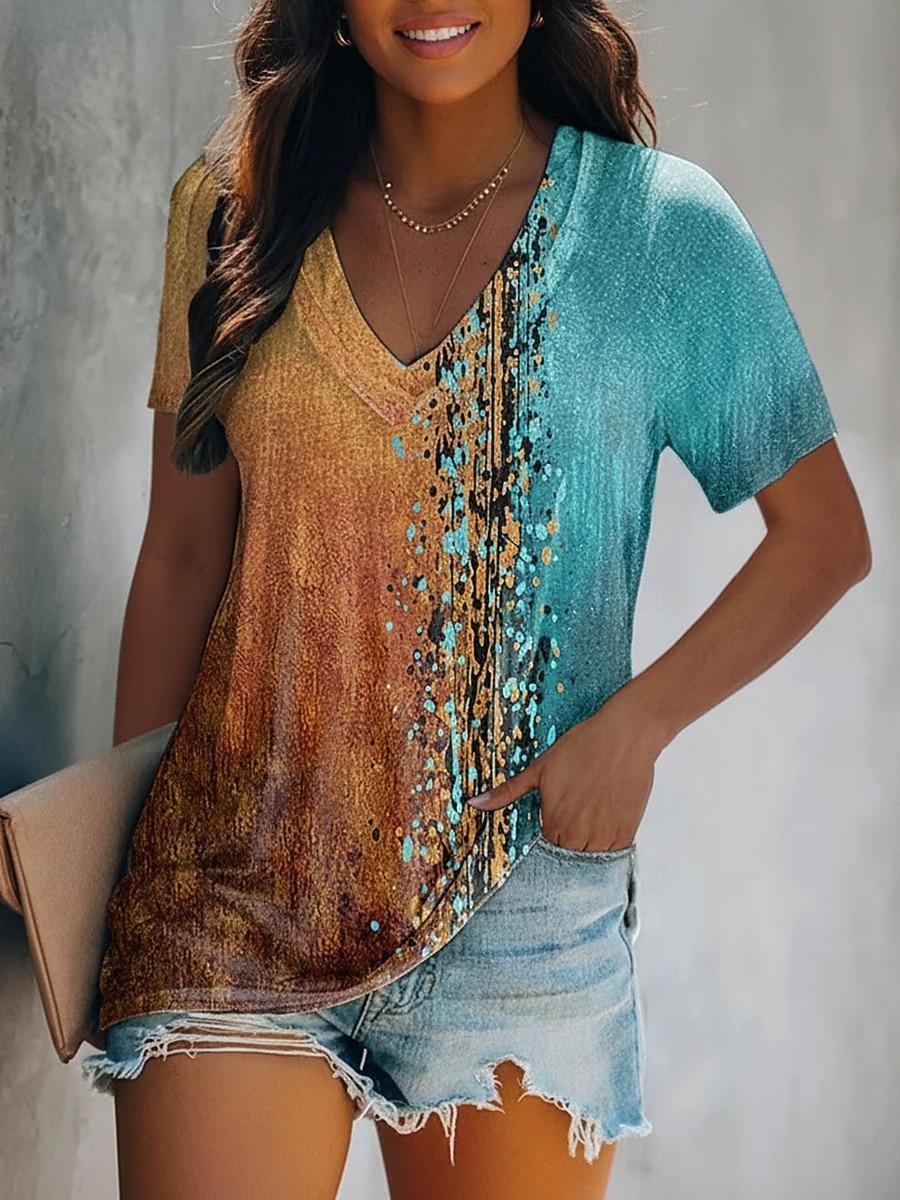 

Women s T Shirt Print Graphic Vintage Casual Boho Short Sleeve V Neck Regular Tops Daily Blue Summer Spring S