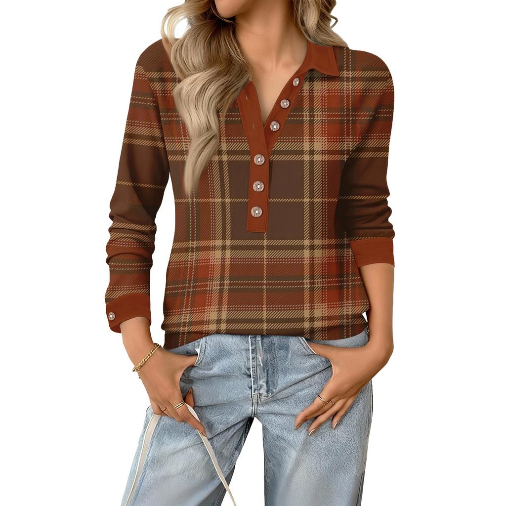 Women's Retro Street Lazy V,neck Long Sleeve Button Plaid Print Pullover Top