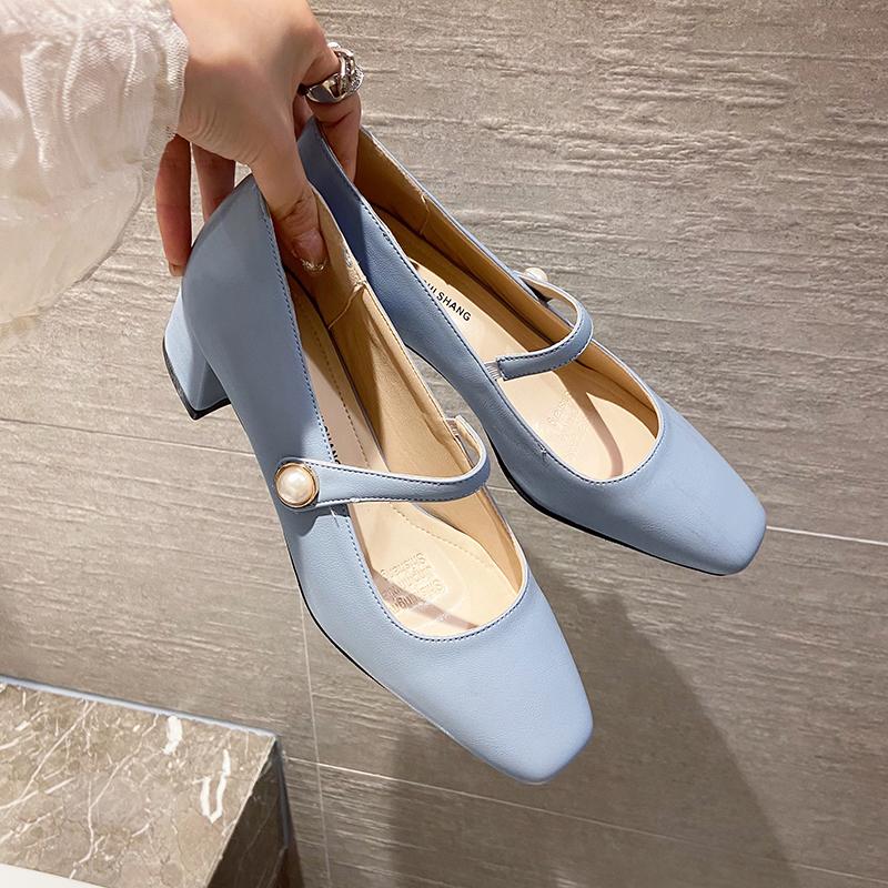 

2024 Новые лакированные туфли Мэри Джейн с квадратным носком, темпераментные туфли на толстом каблуке с неглубоким носком, весенние туфли на высоком каблуке, женские 38 небесно-голубой