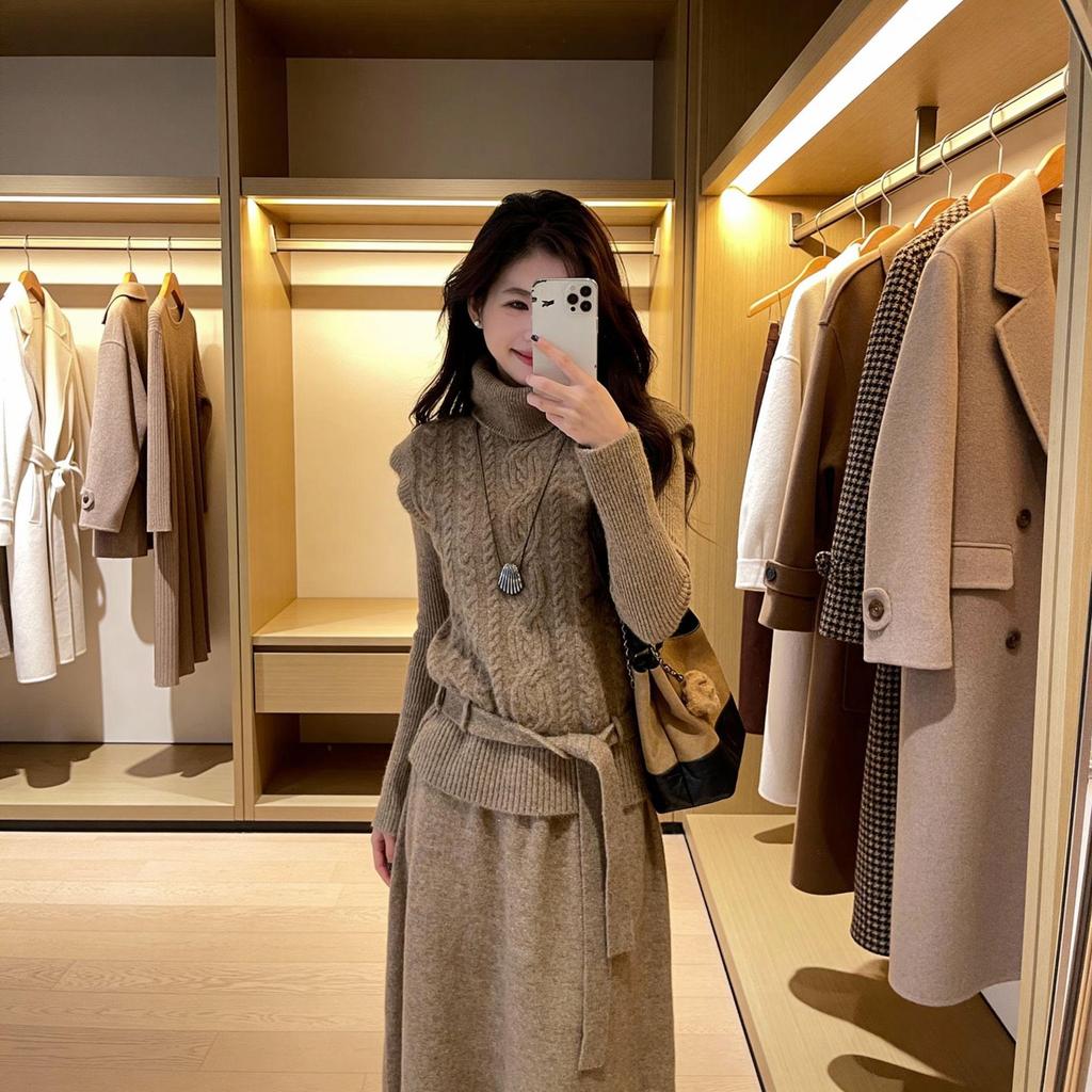 Korean Style Winter Knit Skirt Set: High Neck Fluffy Sweater, Cable Knit Vest, and Skirt Trio
