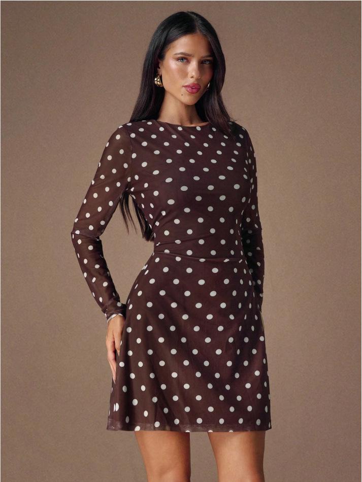 Spring 2026 Retro Polka Dot Mesh Lace-up Slimming Long Sleeve Women s Dress XL кофейный