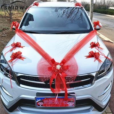 1Set Artificial Flower Pull Flowers Veils Bows for Wedding Car Decoration Bridal Car Decorations Door Handle Ribbons Silk Flower