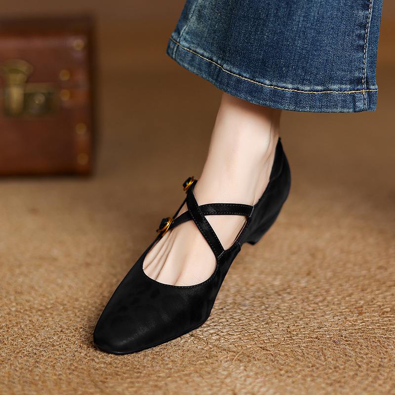 Krazing Pot Cow Skin Spring Summer Size 43 Size 42 Size 41 Thick Med Heels Women Square Toe Leisure Leopard Pumps