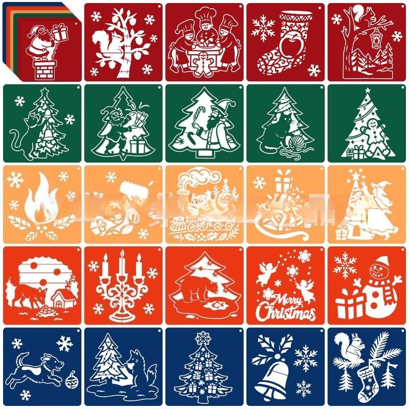 25 Pcs Christmas Stencils Reusable Christmas Stencil for Painting on Wood DIY Crafts Canvas Window Fabric Doormat 6in