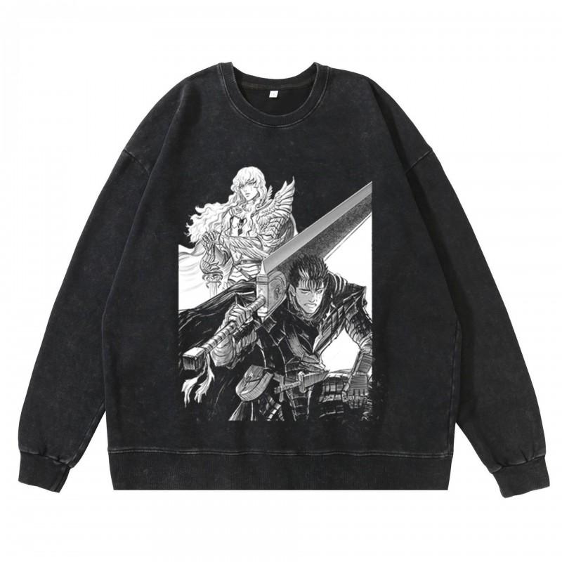 Heavyweight 360g Washed Vintage Berserk Anime Streetwear Cotton Pullover Hoodie-Free Crewneck Sweatshirt Men