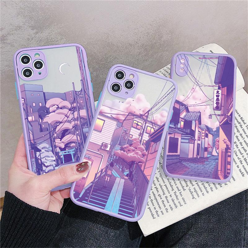 Japan Anime Landscape Phone Case For iPhone 16 11 15 12 14 Pro Max 12 13 Mini 7 8 Plus X XR XS Matte Purple Street View Cover