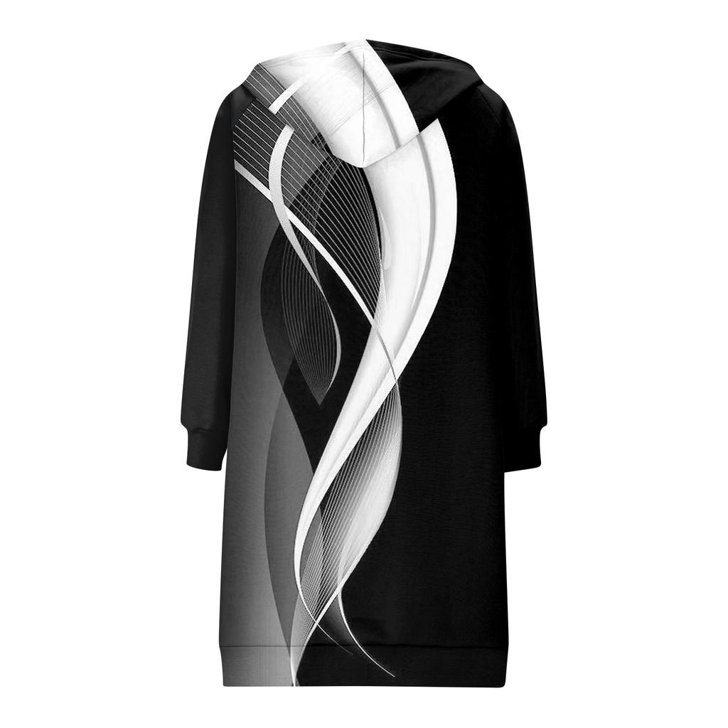 Women's Fashionable Printed  Long Sleeved Drawstring Hooded Zipper Pocket Long Casual Sweatshirt Jacket